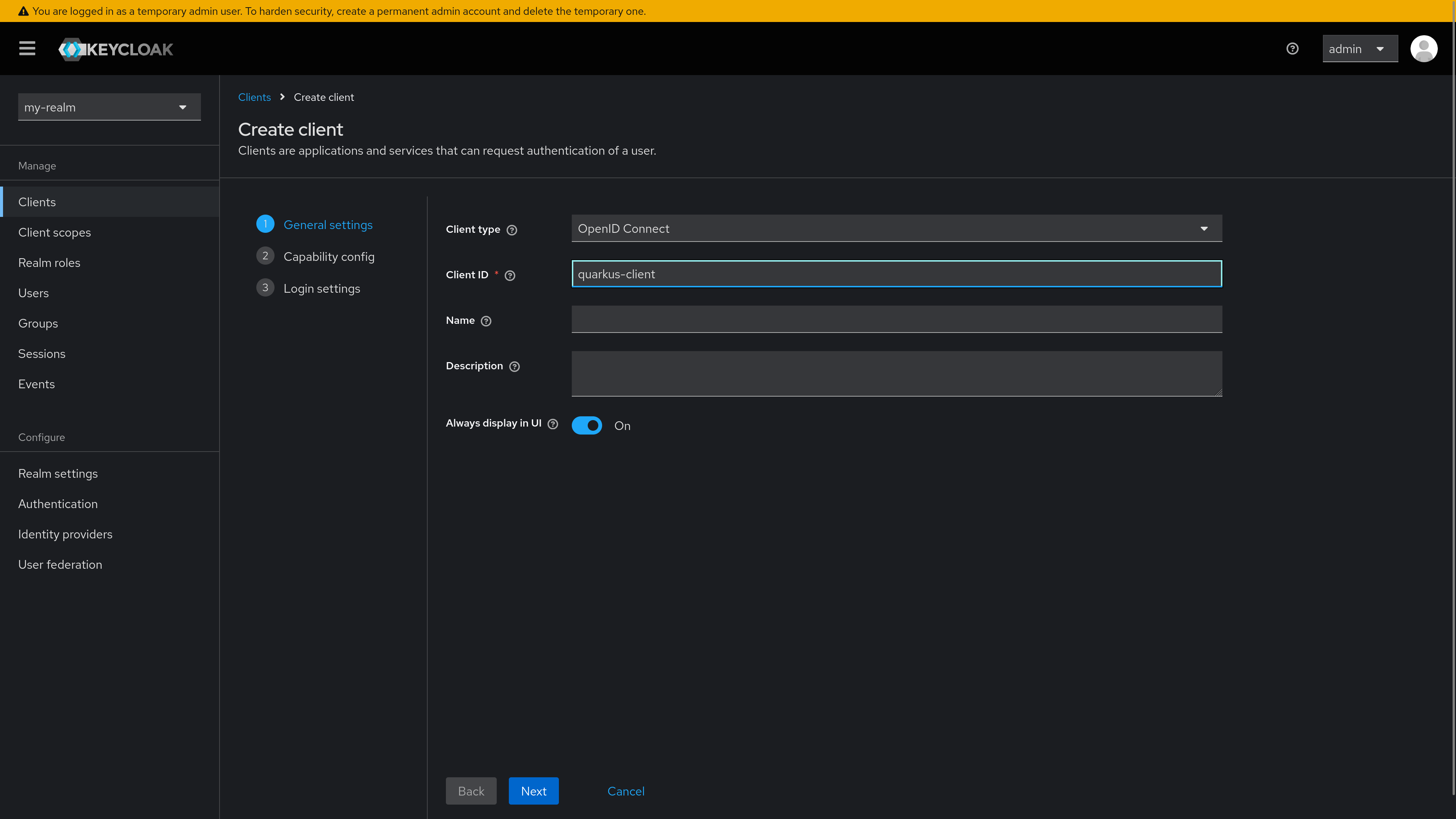 keycloak create client general settings