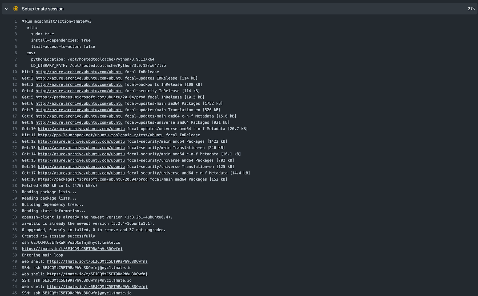 tmate console output