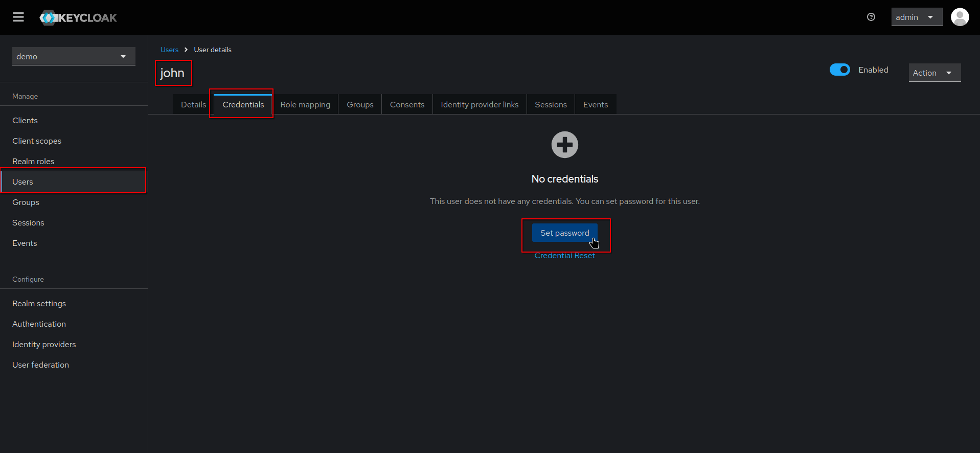 user set credentials